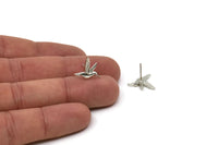 Silver Bird Earring, 4 Silver Tone Bird Stud Earrings (15x13mm) N1001