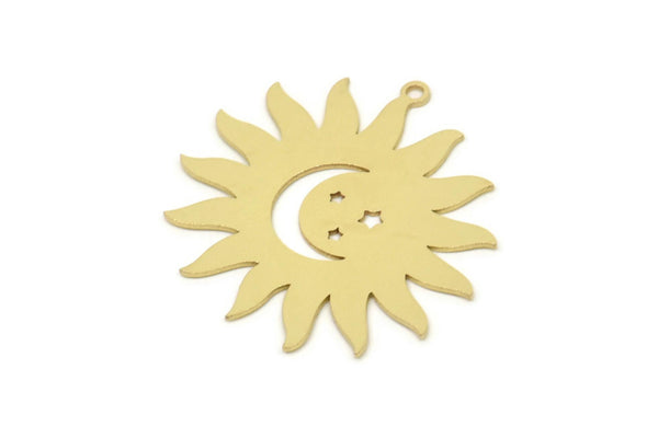 Brass Sun Charm, Raw Brass Crescent Moon Patterned Sun Shaped Charms With 1 Loop, Pendants, Findings (31x30x0.60mm) SMP2458