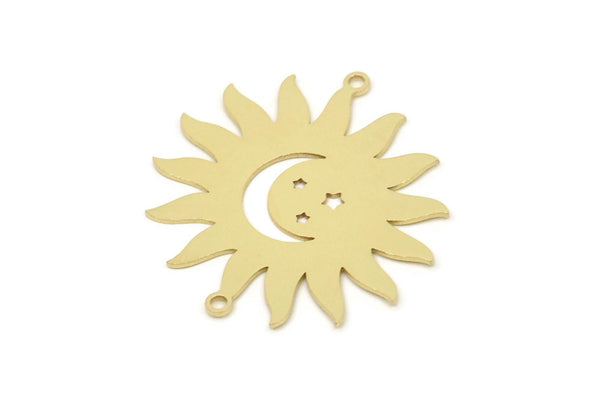 Brass Sun Charm, Raw Brass Crescent Moon Patterned Sun Shaped Charms With 2 Loops, Pendants, Findings (32x30x0.60mm) SMP2459