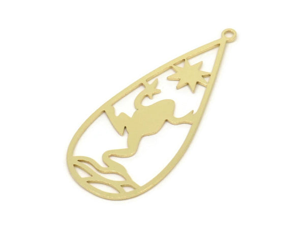 Brass Drop Charm, Raw Brass Frog Patterned Drop Shaped Charms With 1 Loop, Charm Pendants, Star Findings (40x17x0.60mm) SMP2473