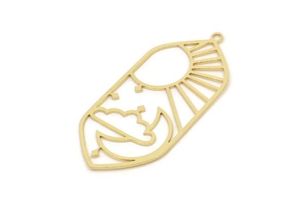 Brass Oval Charm, Raw Brass Landscape Patterned Oval Shaped Charms With 1 Loop, Sun Charms, Crescent Moon Findings (42x19.5x0.60mm) SMP2484