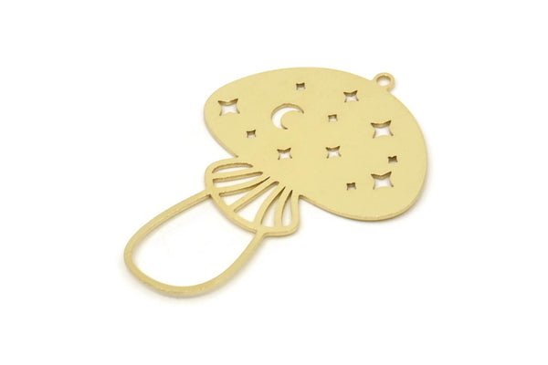 Brass Mushroom Charm, Raw Brass Mushroom Charms With 1 Loop, Moon And Star Pattern Charm, Earring Findings (40x29x0.60mm) SMP2486