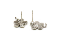Silver Flower Earring, 4 Antique Silver Plated Brass Flower Stud Earrings With 1 Loop (13x11mm) N2295