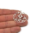 Silver Moon Charm, 2 Antique Silver Plated Brass Crescent Moon And Pole Star Shaped Charms With 1 Loop (41x35x0.80mm) SMP0018 A2614