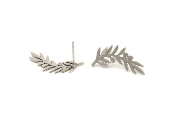 Silver Leaf Earring, 8 Antique Silver Plated Brass Branch Shaped Stud Earrings, Findings (22x10x0.60mm) A3026