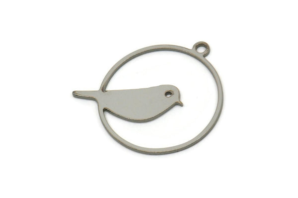 Steel Bird Charm, Stainless Steel Bird Patterned Round Shaped Charms With 1 Loop, Animal Jewelry Findings (22x20x0.80mm) SMP2510