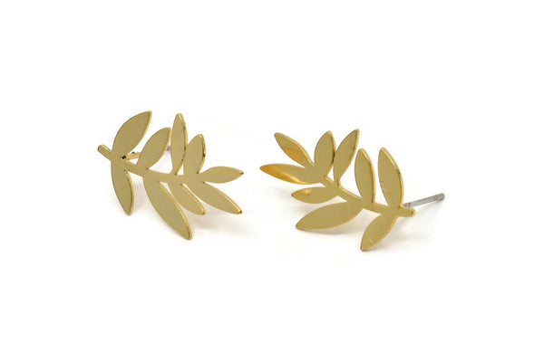 Gold Leaf Earring, 4 Gold Plated Brass Leaf Stud Earrings (22x14x0.60mm) A3013
