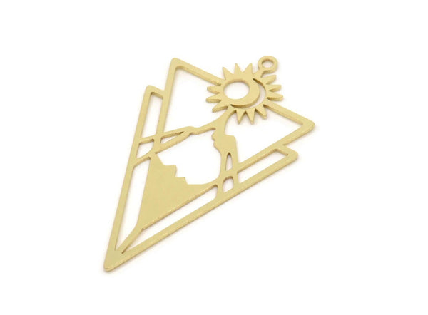 Brass Triangle Charm, Raw Brass Sun And Mountain Patterned Triangle Shaped Charms With 1 Loop, Moon Findings (40x23x0.60mm) SMP2471