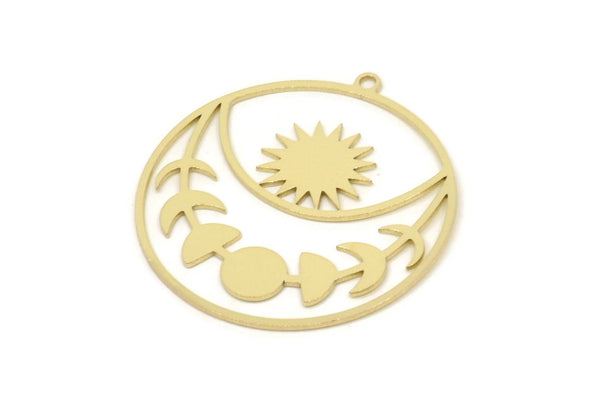 Brass Round Charm, Raw Brass Moon Phases Charms With 1 Loop, Sun Charms, Findings (31x30x0.60mm) SMP2483