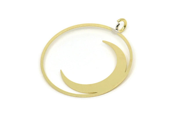 Brass Moon Charm, 2 Raw Brass Round Shaped Charms With 1 Loop, Round Charms, Pendants, Findings (35x30x0.60mm) A6279 A5577