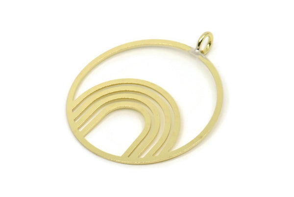 Brass Round Charm, 4 Raw Brass Rainbow Patterned Round Shaped Charms With 1 Loop, Findings (36x31x0.60mm) A5172 A5523