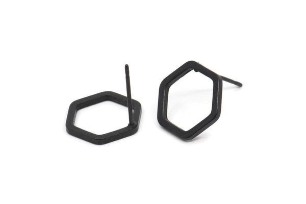 Siyah Altıgen Küpe, 8 Oksitlenmiş Siyah Pirinç Altıgen Küpe (12x1,5 mm) D1543