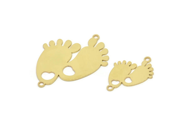 Brass Footprint Charm, Raw Brass Foot Shaped Charms With 2 Loops, Heart Findings, Charm Pendants (20/30x0.60mm) SMP2489