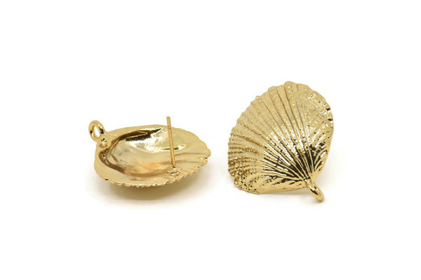 Gold Shell Earring, 2 Gold Plated Brass Sea Shell Earring with 1 Loop, Charms, Findings (27x24.5mm) E281