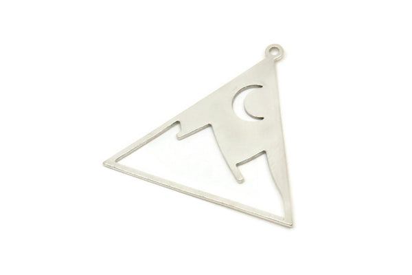 Silver Triangle Charm, 6 Antique Silver Plated Brass Crescent Moon And Mountain Charms With 1 Loop, Findings (30x32x0.60mm) A5197
