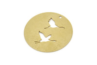 Brass Round Charm, Raw Brass Stork Patterned Round Shaped Charms With 1 Hole, Bird Findings (25x0.60mm) SMP2696