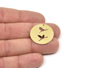 Brass Round Charm, Raw Brass Stork Patterned Round Shaped Charms With 1 Hole, Bird Findings (25x0.60mm) SMP2696