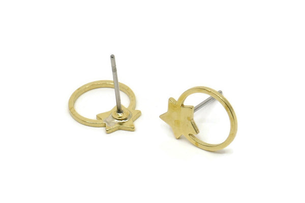 Brass Round Earring, 6 Raw Brass Tiny Star Stud Earrings (13x10x0.80mm) SMP2546 A6901