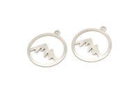 Silver Round Charm, 10 Antique Silver Plated Brass Mountain Shaped Round Charms With 1 Loop, Pendants, Findings (20x18x0.80mm) M02723