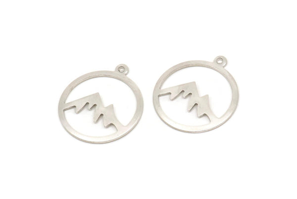 Silver Round Charm, 10 Antique Silver Plated Brass Mountain Shaped Round Charms With 1 Loop, Pendants, Findings (20x18x0.80mm) M02723