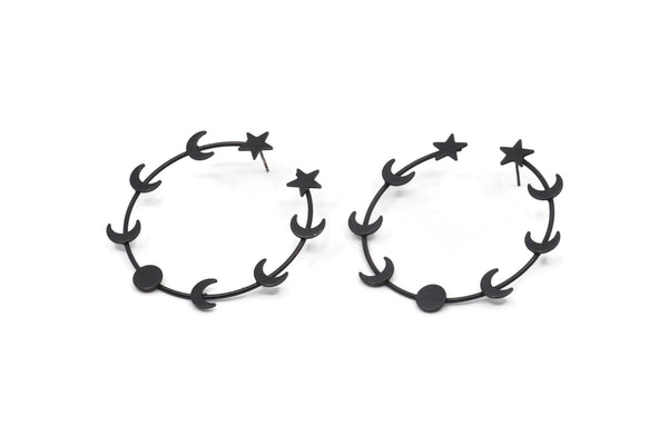 Siyah Ay Küpe, 2 Oksitlenmiş Siyah Pirinç Ay Evreleri Küpe (51x1,2 mm) D1597