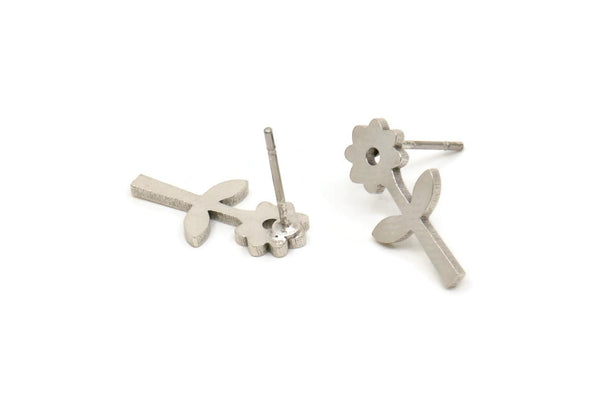 Silver Flower Earring, 8 Antique Silver Plated Brass Sunflower Shaped Stud Earrings (16x8x1mm) A3797