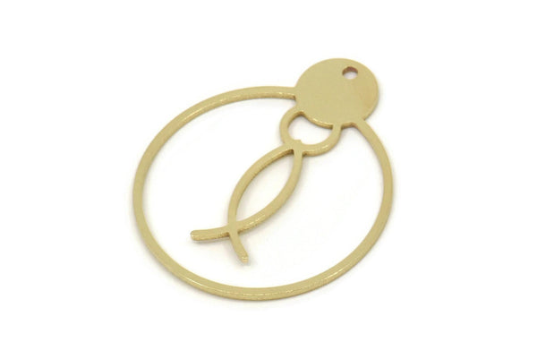 Brass Round Charm, Raw Brass Fish Patterned Round Shaped Charms With 1 Hole, Geometric Findings (30x25x0.80mm) SMP2581