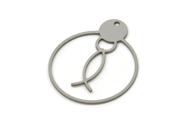 Steel Round Charm, Stainless Steel Fish Patterned Round Shaped Charms With 1 Hole, Geometric Findings (30x25x0.80mm) SMP2581