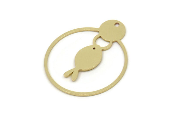 Brass Round Charm, Raw Brass Fish Patterned Round Shaped Charms With 1 Hole, Geometric Findings (30x25x0.80mm) SMP2582