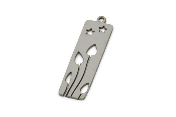Steel Rectangle Charm, Stainless Steel Flower Patterned Rectangle Shaped Charms With 1 Loop, Findings (30x8.5x0.80mm) SMP2594
