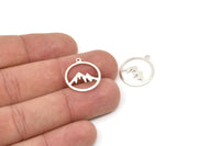 Silver Round Charm, 10 Antique Silver Plated Brass Mountain Shaped Round Charms With 1 Loop, Pendants, Findings (20x18x0.80mm) M02723