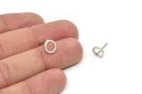 Silver Circle Earring, 6 Antique Silver Plated Brass Circle Stud Earrings (8mm) N0437 A1141