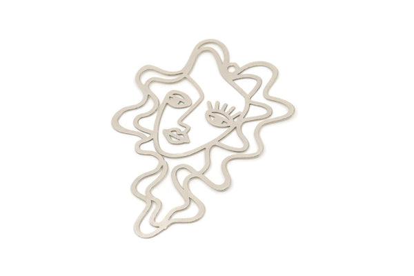 Silver Face Charm, 4 Antique Silver Plated Brass Girl Face Charms With 1 Hole, Findings (59x43x0.40mm) D1687