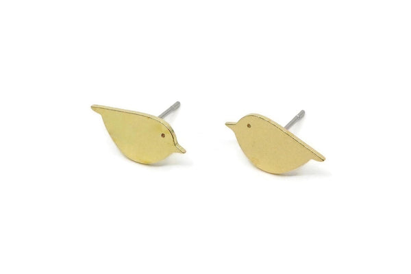 Brass Bird Earring, 6 Raw Brass Tiny Bird Stud Earrings (15x7x0.80mm) F063