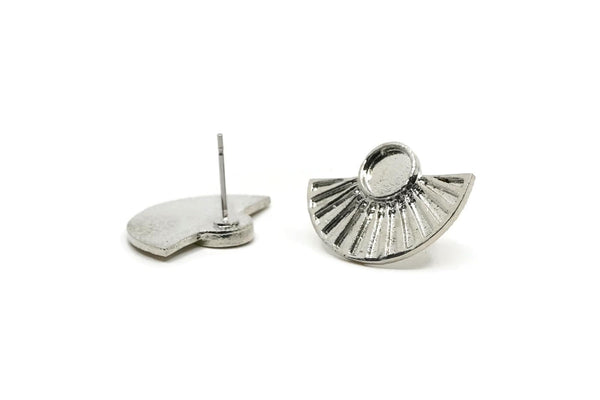 Silver Sun Earring, 2 Silver Tone Sunshine Stud Earrings - Pad Size 6mm (22x15mm) N1115