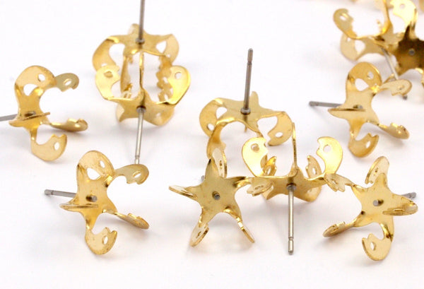 Steel Posts Rhinestone Stud, 24 Stainless Steel Earring Posts With Raw Brass 8mm Pad, Ear Studs For Chaton Rhinestone Bs-1256