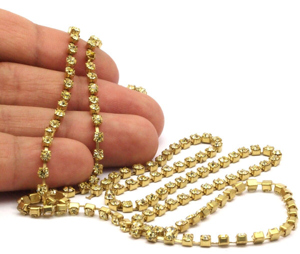 Citrine Crystal Rhinestone, 3 Feet (3mm) Citrine Crystal Rhinestone Chain With Brass Frame AU03   Z144