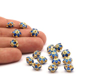 Enamelled Brass Beads, 2 PCS Blue Enamel Flower Connectors 9x7mm B-5