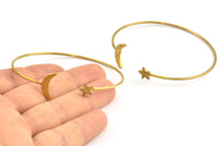 Brass Moon Star Cuff, 2 Raw Brass Open Bangles With Moon And Star Ending BS 2028