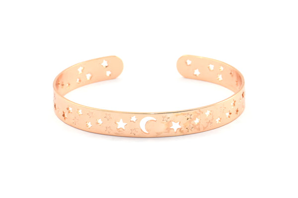 Rose Gold Moon Stars Cuff, 1 Rose Gold Lacquer Plated Brass Open Bangles with Moon and Stars BRC150 Q0051