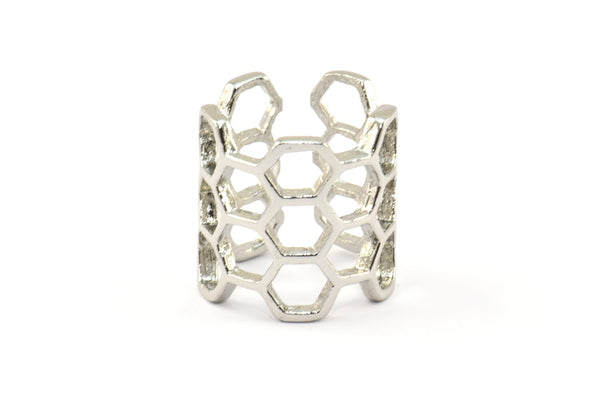 Silver Honeycomb Ring - 2 Silver Tone Adjustable Honeycomb Rings N0014 H0429