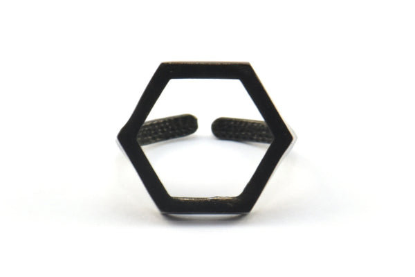 Black Hexagon Rings - 3 Oxidized Brass Black Adjustable Hexagon Rings N0062