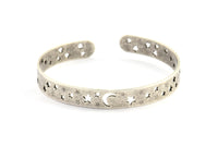 Antique Silver Moon Stars Cuff, 2 Antique Silver Plated Open Bangles with Moon and Stars BRC150