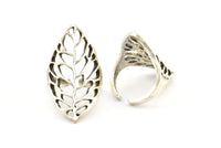 Silver Leaf Ring, 2 Antique Silver Plated Brass Adjustable Leaf Rings N0030 H0503