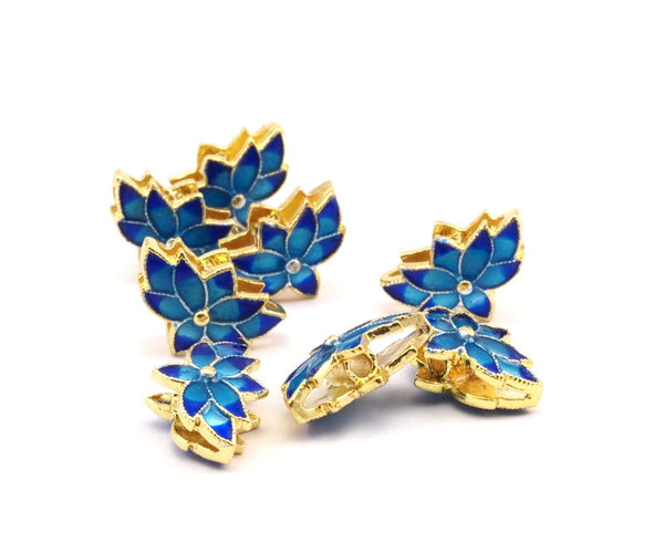 Enamel Flower Bead, 2 Enamel Blue Gold Colour Lotus Flower Beads (17x11mm)   R075