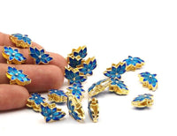 Enamel Flower Bead, 2 Enamel Blue Gold Colour Lotus Flower Beads (17x11mm)   B-5