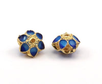 Enamelled Brass Beads, 2 PCS Blue Enamel Flower Connectors 10x7mm R075