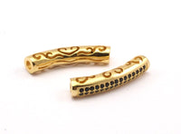 1 Gold Tone Curved Tube ,cz Cubic Zirconia Micro Pave Beads 29x6mm Hole Size 3mm W00740 B-3