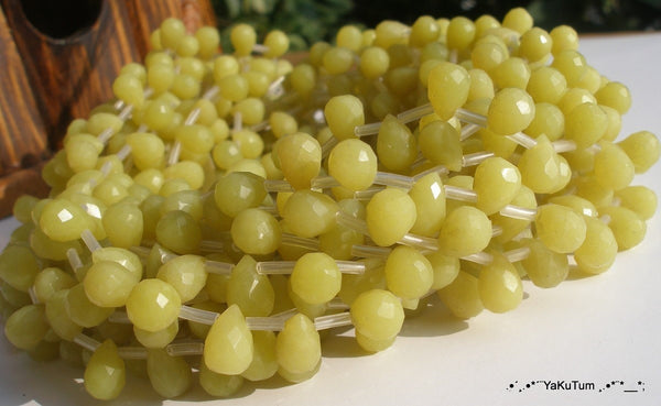 Olive Jade Beads, 10mm Tear Drops Faceted Gemstone Beads Full Strand 15.5 Inches G507