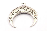 Silver Moon Pendant, 2 Antique Silver Plated Brass Textured Horn Charms, Pendant, Jewelry Finding (27x8x3.55mm) N0239